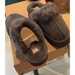 UGG DISQUETTE SLIDE CHARCOAL SHEARLING CUFF SLIPPERS WOMEN’S US 9